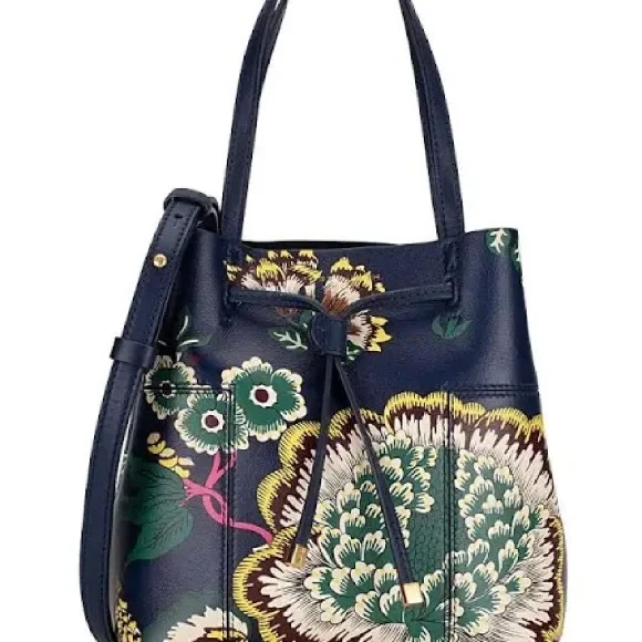 Tory Burch Block-T Printed Small Bucket Bag Navy Happy Times - Picture 7 of 17